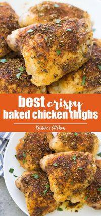 The Best Crispy Baked Chicken Thighs! Easy oven baked chicken thighs that are crispy on the outside and tender and juicy on the inside. This quick and easy dinner recipe is made with just a few ingredients and can be made with bone in or boneless skinless chicken thighs. These easy baked chicken thighs are perfectly seasoned and perfectly crispy! #chickenthighs #chickenrecipes #dinnerideas