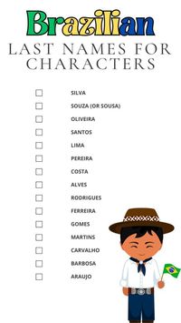 Explore a curated printable list of Brazilian last names, perfect for creating unique and authentic characters. This collection features traditional and popular surnames that add depth and cultural richness to your storytelling. Ideal for writers, game designers, or anyone crafting realistic names, this list is a great resource for adding authenticity to your characters. #BrazilianLastNames #CharacterNames #WritingResources