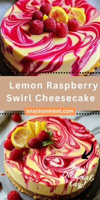 Bright and zesty, this Lemon Raspberry Swirl Cheesecake is the ultimate summer dessert! Creamy lemon filling, swirled with fresh raspberry puree, all on a buttery graham cracker crust. 🍋🍓 #LemonRaspberryCheesecake #SummerDessert #CheesecakeLovers #BakingJoy #SweetTreats