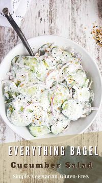 This simple cucumber everything bagel salad takes a favorite summer salad to the next level with the addition of a favorite seasoning mix including sesame and poppy seeds, garlic, onion, and salt. Naturally vegetarian and gluten-free. #cucumbersalad #summersalad #creamycucumbersalad #cucumberandonionsalad #bbqsidedish