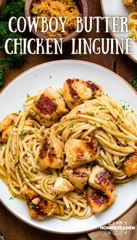 Cowboy Butter Chicken Linguine is tender strips of chicken and al dente pasta tossed in a creamy, zesty sauce made with cowboy butter, heavy cream, and crushed red pepper. It’s a delicious pasta dish that can be on the table in about 30 minutes!