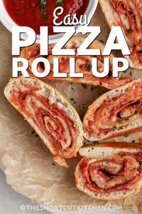 Serve these easy pizza roll ups for a quick and delightful lunch or light dinner. Portable, cheesy, and oh-so-tasty these rolls up are a treat for adults and kids alike. Simply, roll out some homemade or Pillsbury dough and top it with cheese, pepperoni, olives, and more. Then roll it, and bake it in the oven or the air fryer. Finish it off, by slicing the log into portable small rolled sandwiches. #easypizzarollups #pizzarollups #pizzarollupsrecipe #shortcutkitchen