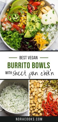 Inspired by Chipotle, this Vegan Burrito Bowl has it all. Cilantro lime rice, sheet pan vegan chik'n and peppers, beans, veggies and the best vegan queso!