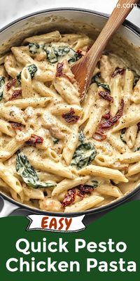 Whip up this quick pesto chicken pasta on a busy night! The creamy sauce, fresh spinach, and savory chicken make it a crowd-pleaser.