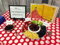 Pete the Cat party - fruit tray with signs, chocolate fruit dip as mud