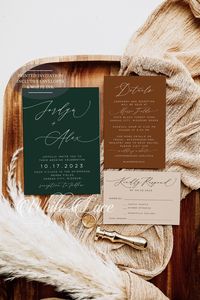 Check out this minimalist style Dark Green and Rust Wedding Invitation professionally printed with white ink, for your modern, boho wedding vibe.  All the colors of this Jordyn suite can be customized to your wedding color scheme.  White Lace Design does all the work for you to make wedding planning smooth and stress-free.  Add the quantity of invitations you need to your cart, and check out with your email address in the Notes to Seller box.  Shortly after, you will be emailed an easy questionn