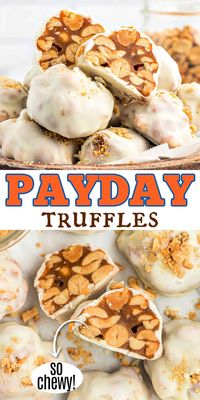 Love PayDay candy bars? Try making these PayDay truffles at home! Gooey caramel nut filling dipped in white chocolate.