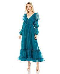 Mac Duggal Women's Chiffon Ruched Tiered Puff Sleeve A Line Dress - Macy's