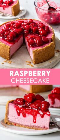 Easy Baked Raspberry Cheesecake - You’ll love this incredibly rich and creamy baked raspberry cheesecake. It has the most amazing intense raspberry flavour and the raspberry sauce it a total revelation, adding a wonderful tangy freshness and transforming the cheesecake into a truly unforgettable dessert. It’s also incredibly easy to make, no water bath and no stand or hand mixer needed! Easy cheesecake recipes. Raspberry dessert. No water bath cheesecake. Berry desserts. Summer recipes.