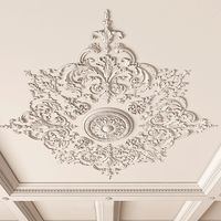 Wood ceiling medallions openwork floral elements Baroque style#additional-separator##additional-separator#This ornate wood ceiling medallion, crafted in the exclusive Baroque style, showcases the most lavish and elegant features: flowers, scrolls, and acanthus leaves. At its center lies a large, intricately designed rosette with a floral motif, forming the heart of a stunning composition.