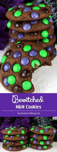 Bewitched M&M Cookies - super yummy, easy to make and chock full of colorful M&M's. This cookie recipe is a fun Halloween cookie that your family will clamor for. This is a Halloween dessert that will wow the guests at your Halloween party. Pin this delicious Halloween treat for later and follow us for more great Halloween Food Ideas.