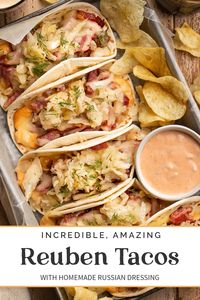 My favorite way to eat a Reuben - as a taco! With deliciously savory and tender corned beef, some traditional sauerkraut, creamy Russian dressing, and plenty of Swiss cheese, this recipe is great way to use up leftover corned beef or to make anytime you're craving LOTS of flavor.