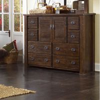 Clean-lined looks mix with warm, rustic simplicity in your aesthetic with this understated dresser, the perfect pick for your master suite or guest bedroom. Its rustic and subtle look pairs with pine finish creating an earthy and organic aesthetic, while the planked panels and distressed details offer up little dashes of character and definition. A centre cabinet showcases slatted doors, while eight drawers are accented by complementing drop-handle pulls. Loon Peak Colour: Mesquite Pine | Loon P