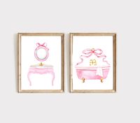 Pink Bow Bathroom Vintage Art Print, Set Of 2 Watercolor Bathroom, Bow Wall Art, Girls Bathroom Decor, Spa Beauty Art, Gift For Her Bathroom Set Of 2 Art prints are  reproductions of my original one-of-a-kind artwork. Museum-quality posters made on thick and durable matte paper. Add a wonderful accent to your room and office with these posters that are sure to brighten any environment. Premium matte paper The frame is not included. For more my prints,  you can find in my shop. https://www.etsy.c