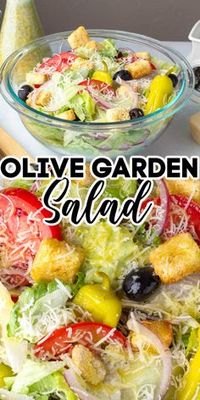 This Copy Cat Olive Garden salad recipe is the perfect make at home recipe of the restaurant version. With crisp lettuce, pepperoncini peppers, onions, tomatoes, black olives, croutons and homemade Olive Garden salad dressing. This hearty salad is perfect as a side dish, or add some grilled chicken or shrimp to make it a meal.