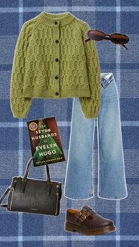 Green cardigan sweater, wide leg jeans, Maryjane doc martens, leather black purse, booktok book, tortoise sunglasses