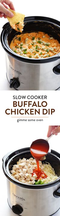 Slow Cooker Buffalo Chicken Dip -- the irresistible appetizer we all love, made extra easy (with 10 mins prep!) in the crock pot | gimmesomeoven.com