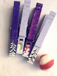 CHRISTMAS CLOTHESPINS hand painted purple and lavender snowman couple snow covered trees magnet package decor hostess gift by SugarAndPaint on Etsy