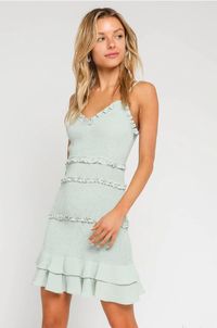 Make it a perfect day with the Rhea Mint Smocked Ruffle Mini Dress! Smocked mint blue fabric forms this mini dress with a V-neckline, spaghetti straps, and a fitted silhouette and flirty tiered ruffle hem.