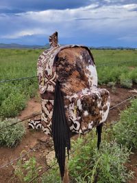 This backpack is approximately 17 tall by 14 wide with a solid brown leather back and laredo accent Leather. 4 interior pockets 2 exterior pockets Leather fringe  Adjustable straps *Please take into consideration our bags are created utilizing the best quality hides around. However from time to time the hides can have natural wear marks from fence posts, fences etc