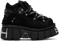 Low-top horse-hair sneakers in black. · Logo plaques at lace-up closure · Padded tongues and collar · Rubberized logo appliqué at heel tab · Buffed leather lining · Logo hardware at rubber platform midsole · Treaded rubber outsole · Platform: H3 in Part of the VETEMENTS x New Rock collaboration. Supplier color: Black horse hair