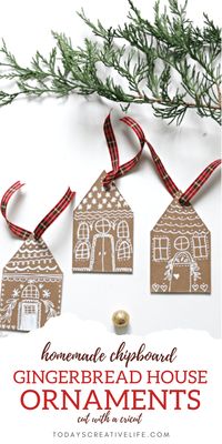 How to Make DIY Christmas Ornaments that look like Gingerbread Houses | I used my cricut with chipboard, but cardboard can be used with scissors. Free Gingerbread template. Click to see more.