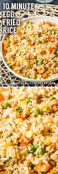 10 Minute Fried Rice! Need a new go-to side dish for busy weeknights? Making fried rice at home is always a great staple, and this easy recipe comes together in just 10 minutes! | HomemadeHooplah.com