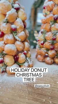 10min · 10 servings     Donut Tree  • 80 donut holes   • Rosemary   • Cranberries   • Toothpicks   • Foam cones  • Plastic wrap