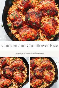 Chicken and cauliflower rice is low carb, gluten-free and whole30 approved. This mouthwatering dish features juicy, flavorful chicken with the perfect seasonings and nutritious cauliflower rice! Plus, you can whip it up in just 30 minutes.  #chickencauliflowerrice #chickenandcauliflower