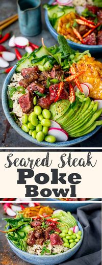 Lightening things up without forfeiting any of the flavour in this seared steak poke bowl! A meaty twist on the Hawaiian classic! #poke #pokebowl #hawaiian #nourishbowl #steak #beefpoke #pokebowlrecipe