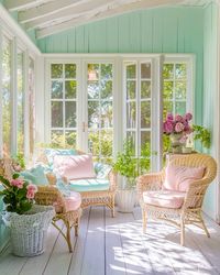 A pastel-colored sunroom featuring soft hues of lavender, mint, and blush, with light, airy furnishings and plenty of natural light. The serene color palette and floral accents create a peaceful retreat, perfect for relaxing or enjoying a cup of tea. #PastelSunroom #CozyInteriors #SereneSpaces