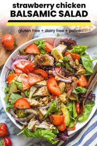 The best Strawberry Chicken Salad topped with sliced red onions, diced avocado, and roughly chopped walnuts. The chicken is cooked in the same simple balsamic vinaigrette that is used to dress the salad making for an easy, healthy, and delicious summer dish! #GlutenFree + #DairyFreeRecipes + #Paleo #PaleoSalad #SaladRecipe #StrawberrySalad #ChickenSalad 