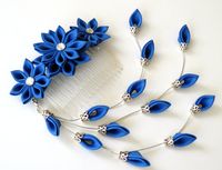 Kanzashi Fabric Flower hair comb . Royal blue flower hair by JuLVa