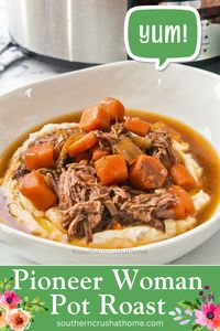 Onions, carrots, celery, tender beef, and a flavorful broth come together for a hearty and satisfying Pioneer Woman Pot Roast. Pot Roast in the slow cooker never tasted so good. This classic American comfort food cooks up slowly with just a few basic ingredients. The roast turns out tender, juicy, and oh-so flavorful. 👇👇 Easy Weeknight Pioneer Woman Pot Roast https://www.southerncrushathome.com/pioneer-woman-pot-roast/