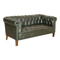 Vintage leather has an appeal all its own, even when worn and weathered such as this old single seat sofa. The heavily rolled arms and back are in the classic Chesterfield style (tufted with button accents), while the green leather makes it a unique find.  Visible signs of age related wear include marks, scratches, missing buttons (9 along the seat), worn seams, possible loose joints, etc. Scuffing along the wood feet. This vintage sofa is sold in as is, used condition as we found it in Europe.