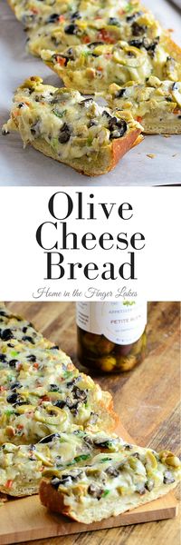 Olive Cheese Bread combines the brine-y flavors of olives, in a rich gooey cheese filling on top of crusty bread, for appetizer perfection.  via @homeinFLX