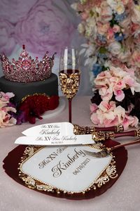 The personalized Burgundy Quinceañera Tiara Pillow is an exquisite and elegant accessory designed to hold and showcase the quinceañera tiara.The Quinceañera Tiara Pillow in Burgundy serves as a cherished keepsake for the Quinceañera, symbolizing her transition into womanhood and adding a touch of grandeur to her special day.The size of Tiara pillow : (10'' L x 10'' H)All the items are hand-made.Can be personalized with name and date of your celebration.We can decorate this set with any color or