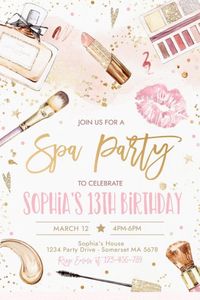 If you're in need of some pampering then a pink and gold spa-themed party is what you need. Just look at this amazing invitation covered in make-up. Anyone just looking at the invitation will feel a makeover coming on! See more party ideas and share yours at CatchMyParty.com