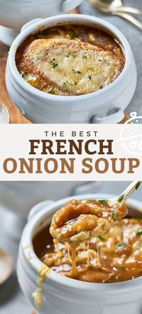 Learn how to make classic French Onion Soup like a restaurant Chef! Made with caramelized onions, a rich savory broth and toasted cheesy bread, this flavorful soup is ridiculously easy to make, budget-friendly and better than any store bought version out there! Vegetarian Adaptable, Gluten-Free Adaptable. It can be made without wine or sherry. #lemonblossoms #soups