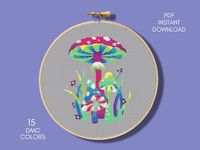 Magic Mushrooms Cross Stitch Pattern This pattern is an instant digital download PDF. 📌 Stitches Required: Full cross stitches 🧵 Colors Required: 15 DMC floss colors 🧵 Fabric: 14-count 🧵 Size: 148 x 148 stitches  🧵 Fabric Size: 10.5 x 10.5 inches    ------------------------------------------------------- 📌 PDF Included: ✅ Pattern in color symbols with floss legend on several sheets (ideal for printing); ✅ Pattern in color symbols on 1 sheet (ideal for tablet or printing); ✅ List of DMC thr