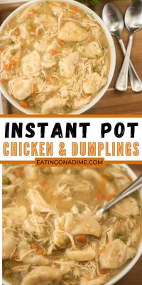 Instant Pot Chicken and Dumplings is an easy one pot meal that can be ready in 30 minutes in your Instant Pot! This simple creamy instant pot chicken and dumplings can be made with grands and frozen or fresh chicken! The entire family will love it! #eatingonadime #instantpotrecipes #chickenrecipes #chickenanddumplings