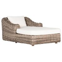 Celina Coastal White Cushion Woven Wicker Natural Teak Outdoor Chaise Lounge