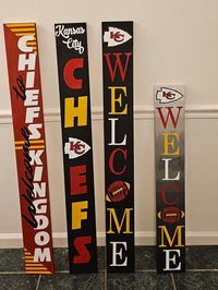 KC Kansas City Chiefs porch leaner that is 5.5 wide and can be 36, 48 or 60 inches tall. I have 6 different designs. Design Options are  -Home Sweet Mahomes - Kansas City Chiefs with Kansas City in cursive and Chiefs in the bold font and the "I" has been replaced with the KC arrowhead.  -KC arrowhead at the top, welcome in a thin font and the O replaced with a football and the word Chiefs cutout -Welcome to in a cursive font and Chiefs Kingdom in bold. Has cute little yellow lines foe extra deta