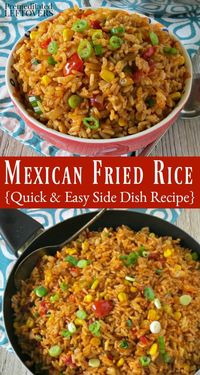 This Mexican Fried Rice recipe is a delicious twist on traditional Mexican rice. This is cooked like fried rice to give it a crisper texture but has the flavors of Mexican style rice. It is a great way to use precooked or leftover rice in an easy southwest side dish. Pair it with any of your favorite Mexican recipes.