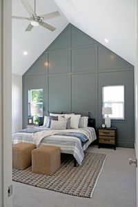 Whether you're designing a new bedroom or doing a home bedroom refresh, an accent wall is a great (and easy) way to add style, depth, and dimension to a room. The grid pattern and differing paint color create a great focal point in the room. The neutral and softer blue tones of the bedding and accessories pair perfectly with the more dramatic wall.