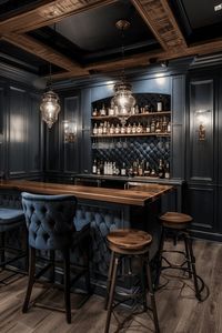 moody man cave with a vintage bar