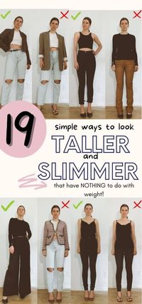 This is your ultimate list of style tips to help you learn how to look taller and slimmer. This style guide and 17 style tips will help your find clothes to look tall and thin. Simple style techniques when you want a bit more confidence with your outfit. Simple fashion hacks to look slimmer and taller. Before and after fashion guide to dress taller and thinner no matter your weight. Clothes that make you look taller and slimmer. how to dress to look slim and tall. clothes that make you look tall