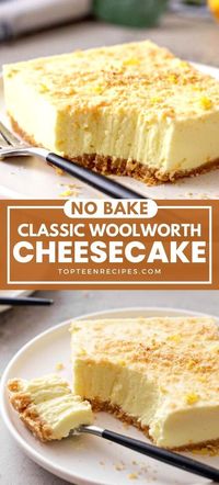 This super delicious no-bake woolworth cheesecake recipe has a creamy, light, fluffy texture and an easy and delicious graham cracker crust. The cream cheese filling is packed with a fresh lemon flavor that comes from lemon Jell-O and freshly squeezed lemon juice and zest.