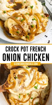 This easy recipe for Crock Pot French Onion Chicken is so simple to make and features tender chicken cooked in a savory onion-flavored beef broth. Topped with cheese, it's a unique twist on classic French onion soup that's sure to be a hit at your next family dinner!