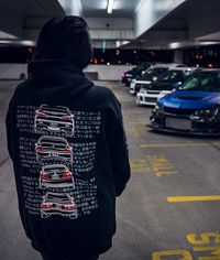 The Mitsubishi Evo is a legendary Japanese sports car, renowned for its looks and power. We had to pay homage to this Japanese classic. Printed on a high quality, tailored hoodie, it features the Evolution III, VI, VIII and X and includes the history of the car in Japanese on the rear. This comfortable hoodie is designed to show off your love of the iconic Japanese sports car. It features bold graphics of the front and rear ends of each Evolution model on the front and back respectively. It also